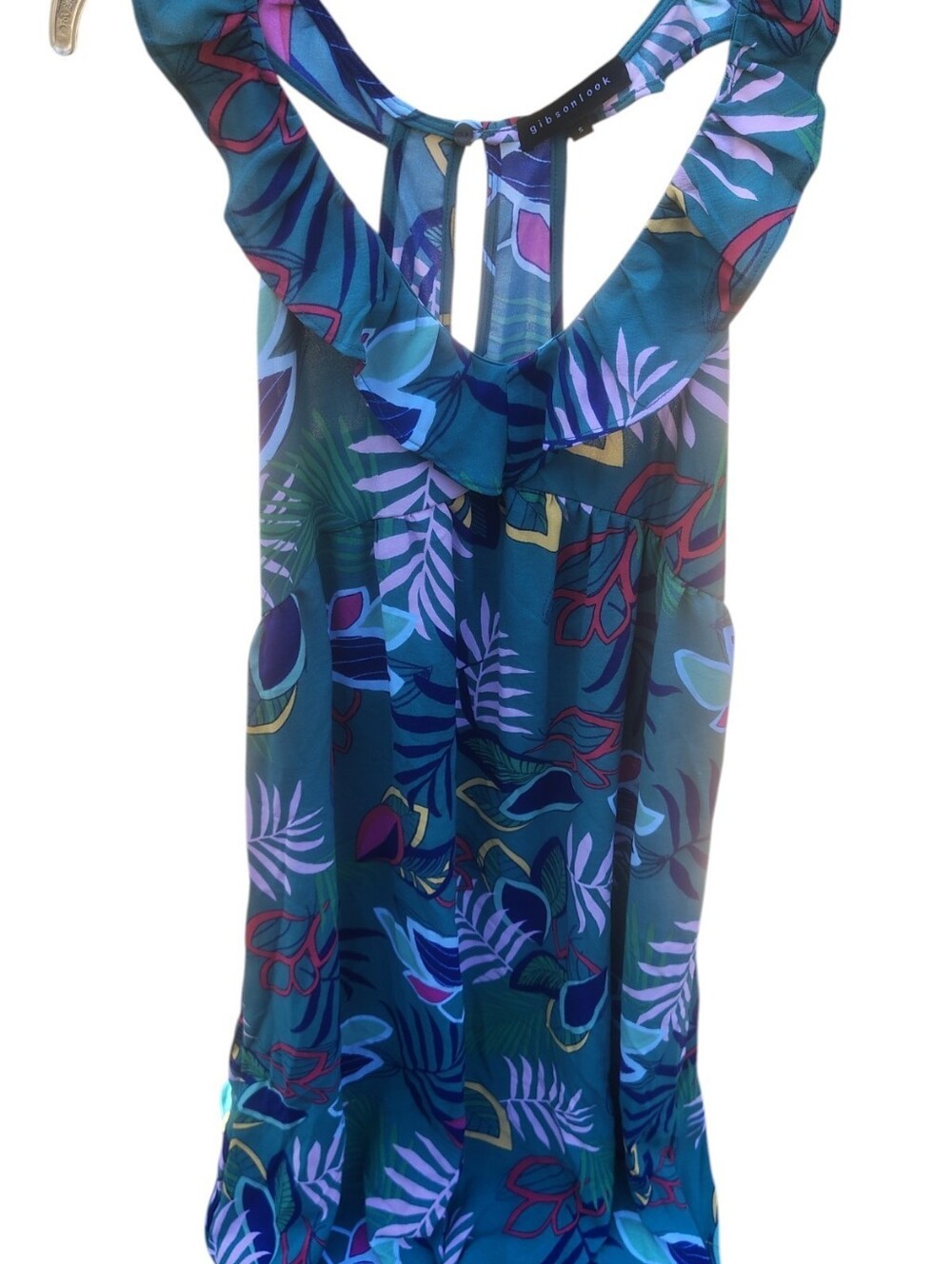Gibson Teal Tropical Print Ruffle-Back Camisole Small